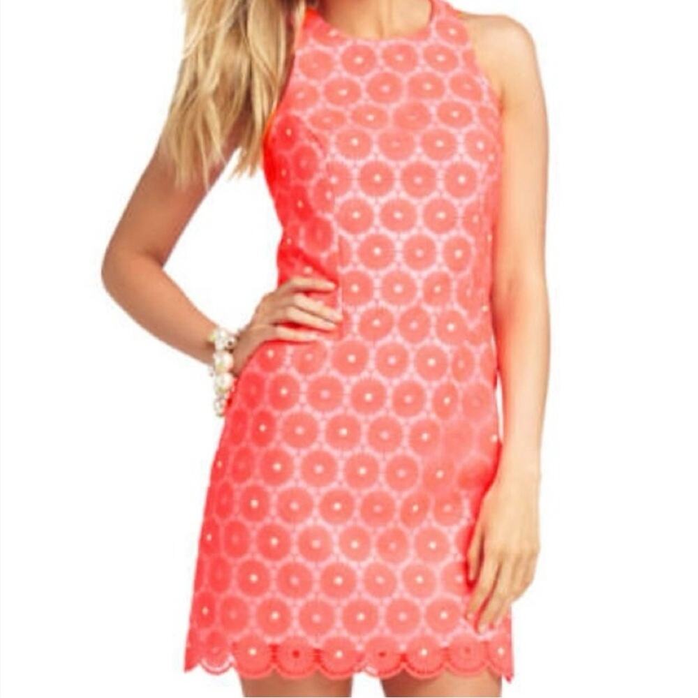 Lilly Pulitzer Fiesta Pink Floral Lace Pearl Bead Pinwheel Mini Dress Sleeveless